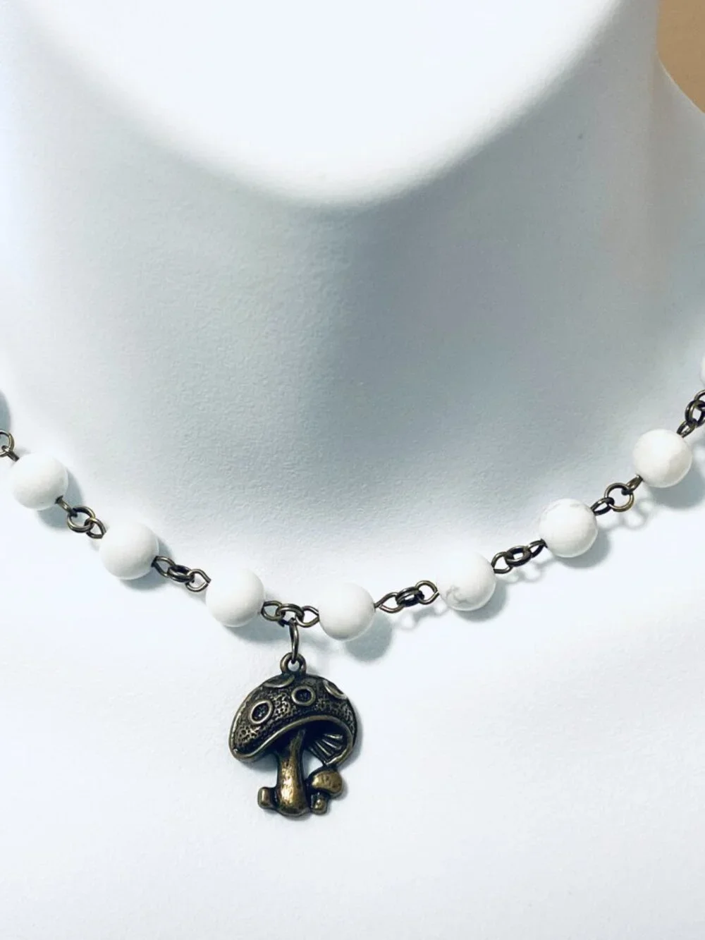 Genuine White Magnesite Short Necklace, Natural Gemstone & Bronze Round Mushroom - Picture 2 of 14